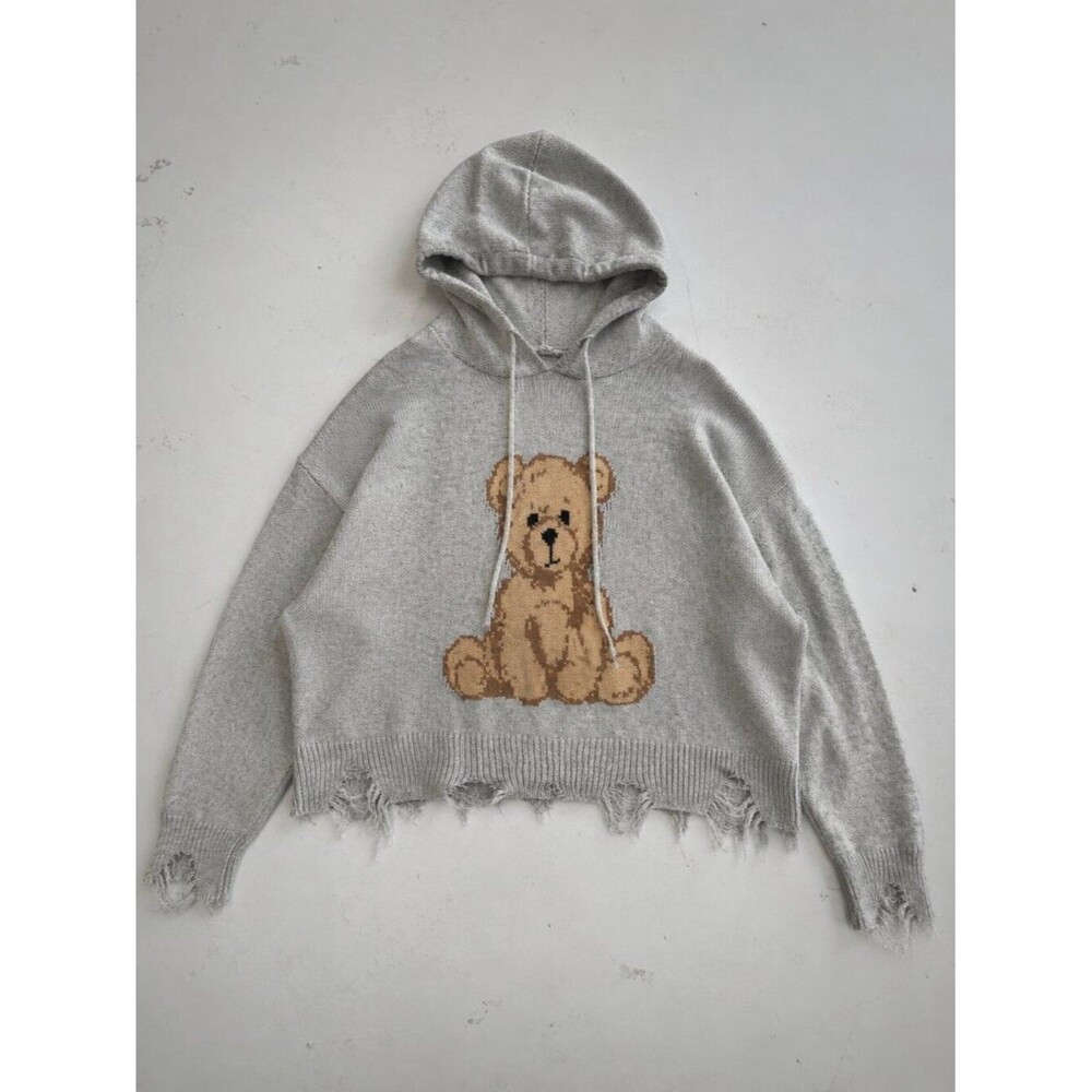 Just Polly NY Teddy Bear Distressed Knit Hoodie Sweater Women’s M Gray Oversized - Picture 2 of 8